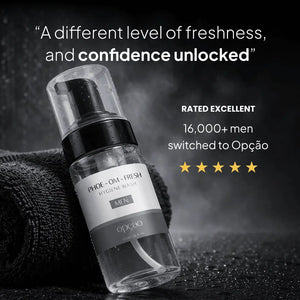Bottle of Opçao Phoe-Om-Fresh hygiene wash with text about freshness and confidence unlocked.