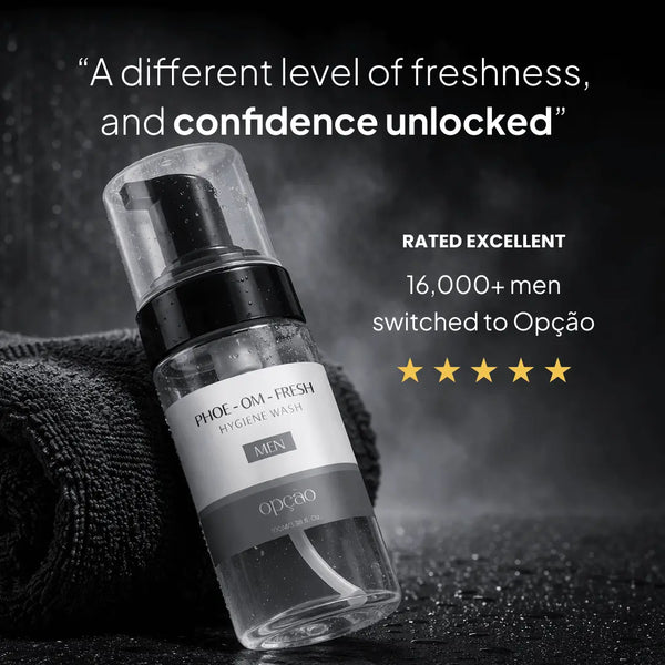 Bottle of Opçao Phoe-Om-Fresh hygiene wash with text about freshness and confidence unlocked.